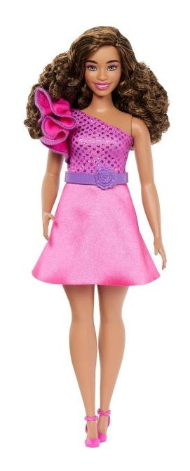 Barbie - Fashion Doll (Pink Dress) Curvy Body Brown Hair