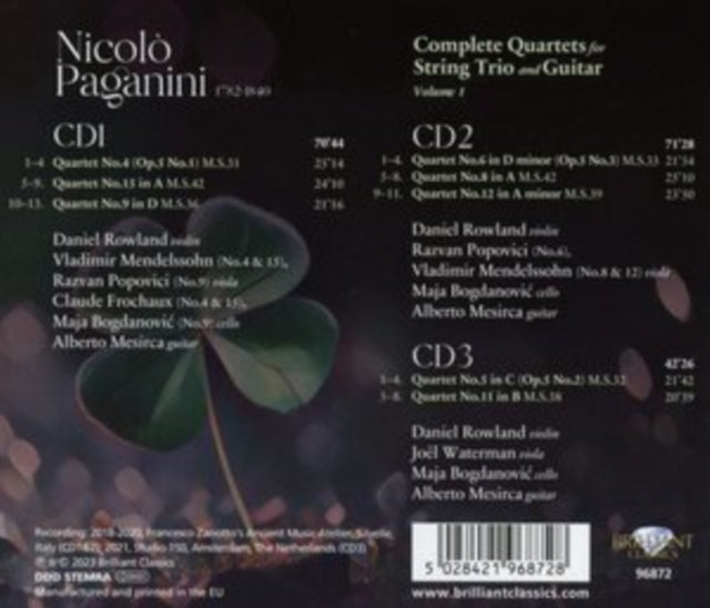 Alberto Mesirca / Daniel Rowland / Vladimir Mendelssohn / Razvan Popovici / Maja Bogdanovic / Claude Frochaux / Joel Waterman Paganini: Complete Quartets For String Trio And Guitar / Vol. 1 (CD) (https://lasgo.dmmserver.com/media/640/50284219/5028421968728.jpg)