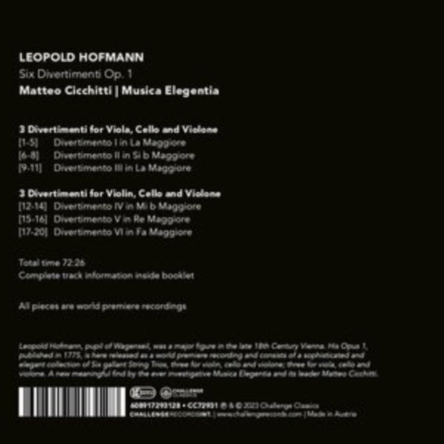Musica Elegentia And Matteo Cicchitti - Leopold Hoffmann: Six Divertimenti Op.1 (CD)