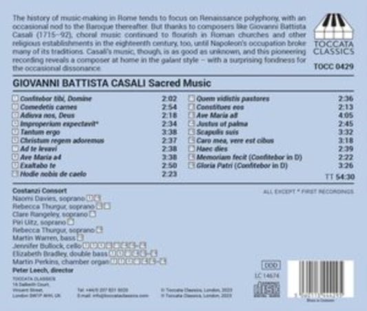 Costanzi Consort - Giovanni Battista Casali: Sacred Music From Eighteenth-Century Rome (CD)